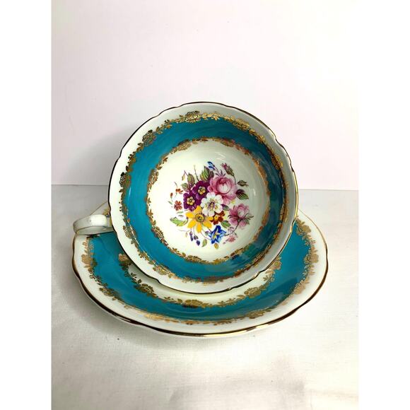 AYNSLEY Teal & Gold Floral Teacup and Saucer Set